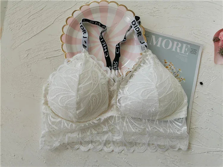 Wire-free comfort bra with removable pads, white lace cups and black lace back straps