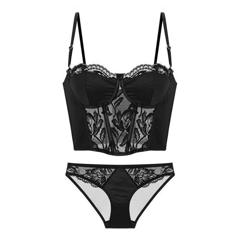 2-teiliges Set: Tank-BH mit Spitze und Shorts, schwarz