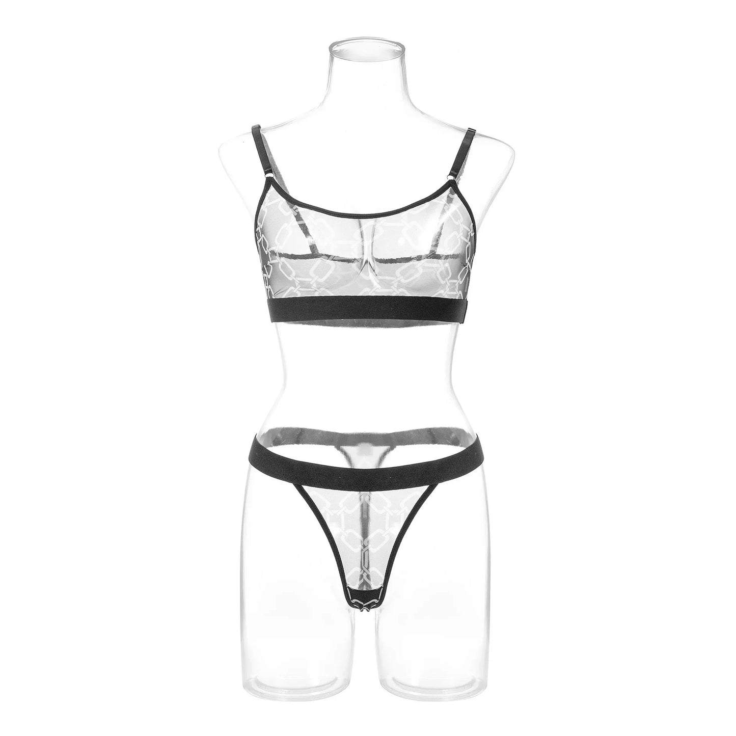 Mannequin: Mesh-BH und Tanga-String mit Kettenmuster und breitem Unterband