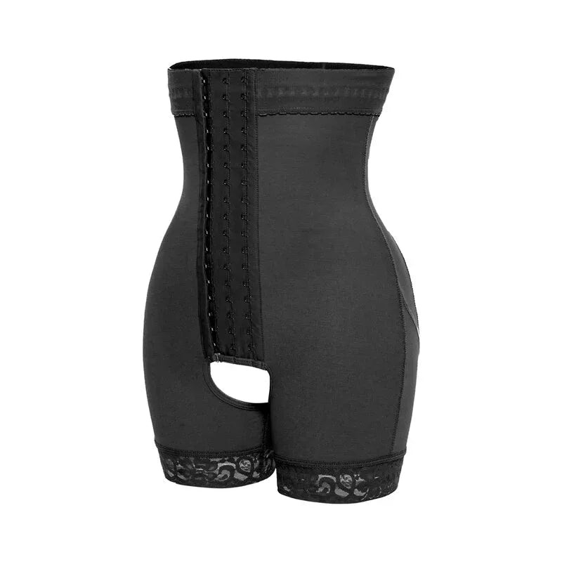 Black thigh slimmer shapewear with hook-and-eye waist panel and lace bottom trim