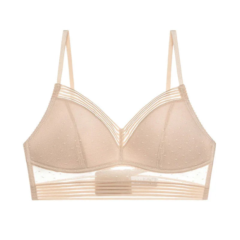 Skin color U-back push-up bra with striped sheer band and V-plunge cups