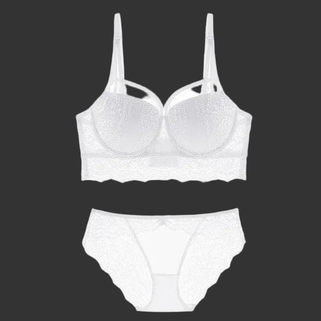 White lace deep V push-up bra with matching panty set