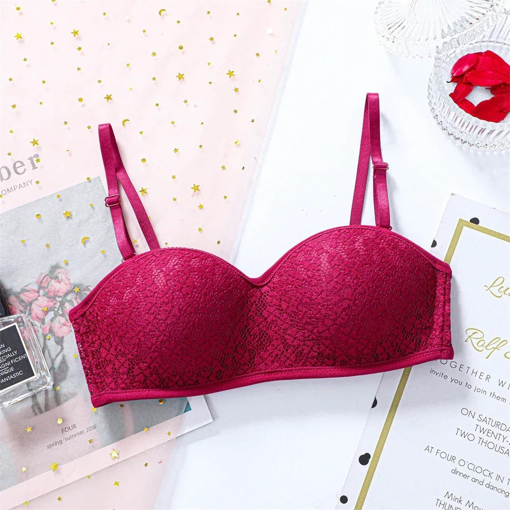 Wine-red lace wireless bra, front view with gathered cups and adjustable straps