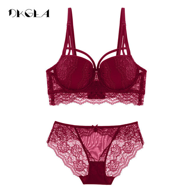 Top Sexy Underwear Set Cotton Push-up Bra and Panty Sets 3/4 Cup Brand Green Lace Lingerie Set Women Deep V Brassiere Black