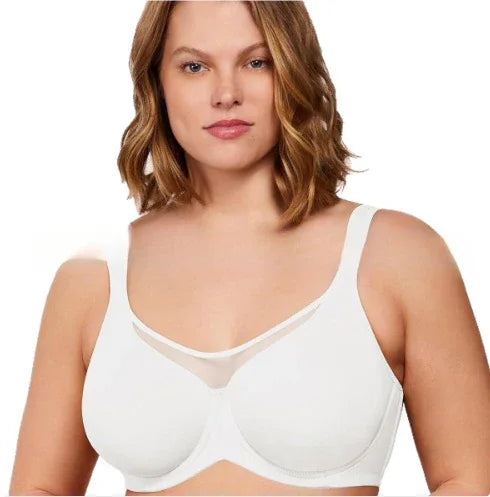 3/4-cup plus-size bra, white, smooth molded cups with sheer V neckline