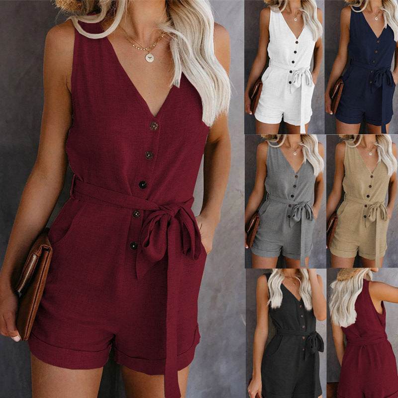 Women Playsuit Summer V Neck Sleeveless Button Belt Bow Casual Jumpsuit Solid Romper