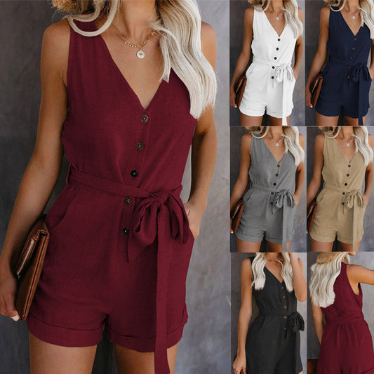 Women Playsuit Summer V Neck Sleeveless Button Belt Bow Casual Jumpsuit Solid Romper