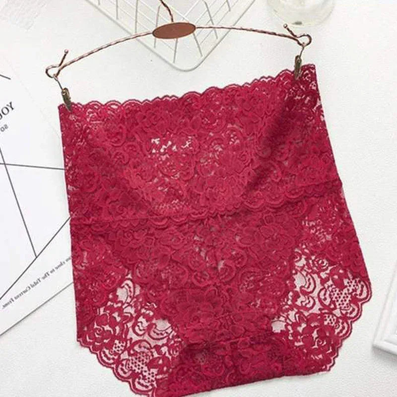 Wine red mid-waist brief with allover floral lace and scalloped leg hem