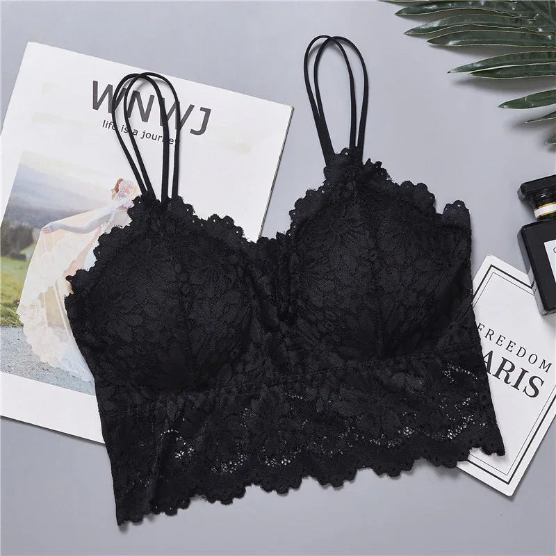 Lace sunflower wrap bra, black lace with scalloped edge and adjustable straps