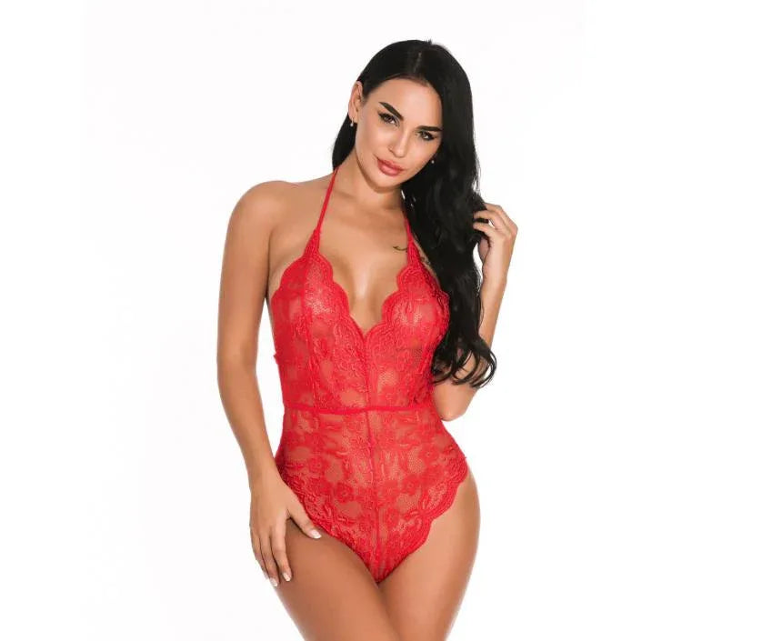 Red lace lingerie set with halter neckline and scalloped high-cut brief