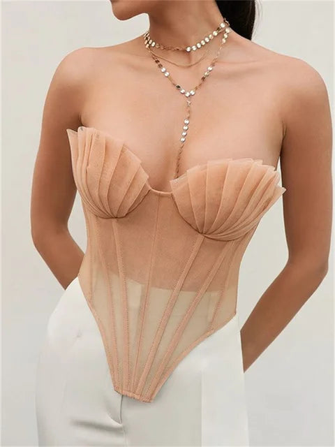 Mesh See Through Sexy Bustiers Corsets Strapless Off Shoulder Ruffle Push Up Tank Summer Club Criss-cross Tie-up Vest