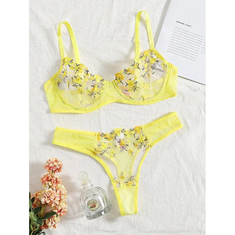 Yellow lace mesh lingerie set with floral embroidery: low-waist thong and underwire bra