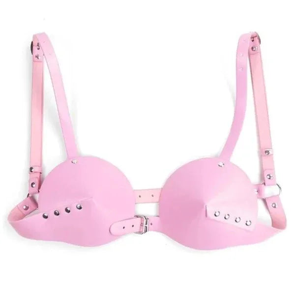 Pink underwire bra with front clasp, stud trim, and adjustable shoulder straps