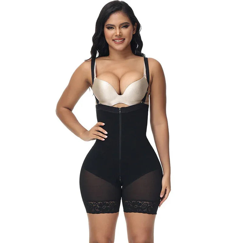 Black high-waist one-piece shapewear with front zip crotch and lace-trim shorts