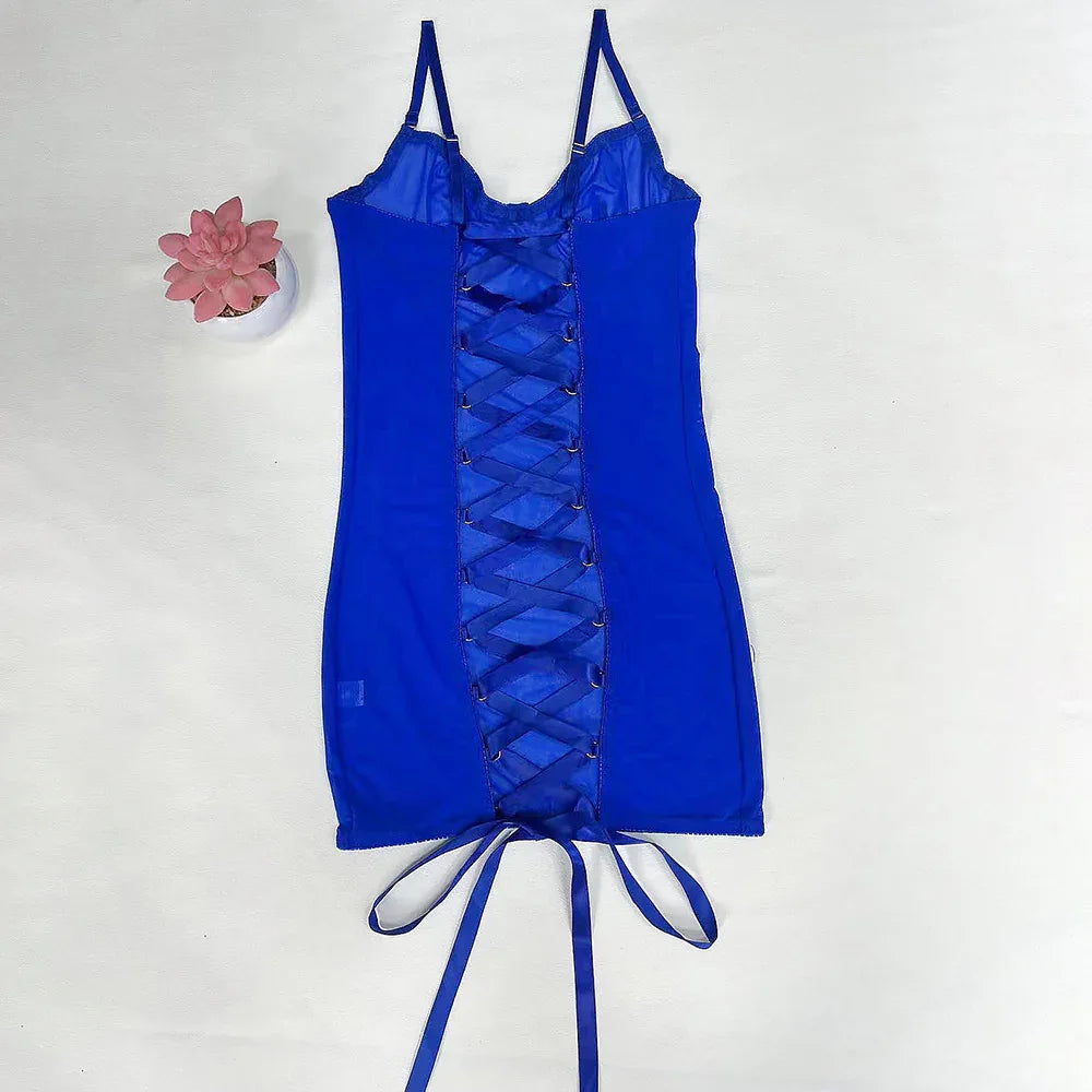 Navy blue mesh lingerie slip with lace-up front and tie-back hem