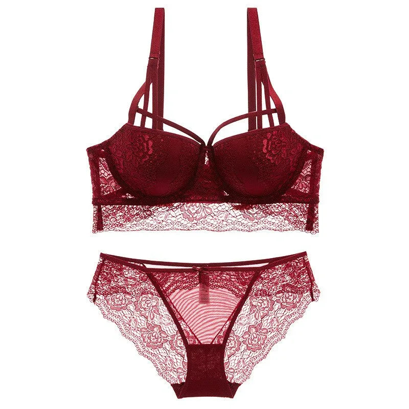 Red lace push-up bra set with strappy neckline and matching briefs