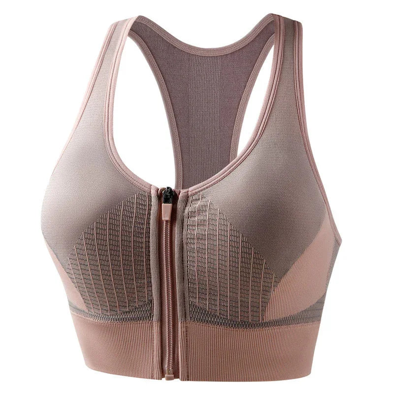 Front-zip sports bra in mauve-pink with contrast grid-pattern cups and racerback