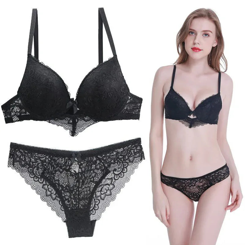Black lace bra and panty set, underwire cups and scalloped trim