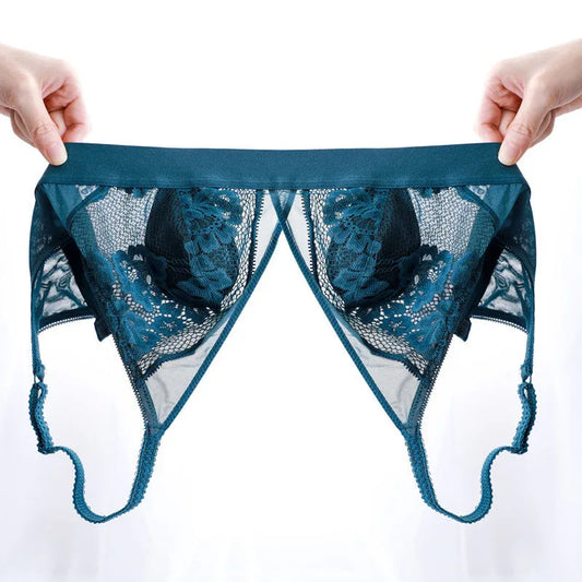 Triangle lace bra with open-back style straps, deep teal blue-green
