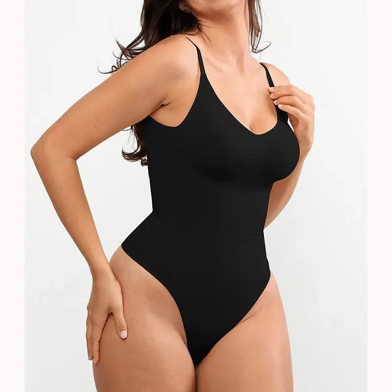 Seamless shapewear bodysuit with low back, black color, spaghetti straps