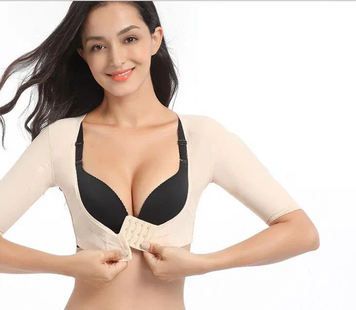 Khaki compression shaper top with black cups and front hook-and-eye closure