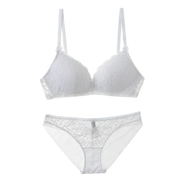 White lace 3/4 cup bra set with matching panties, floral lace and thin straps