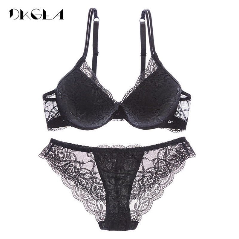 Super Gather Brassiere Thick Cotton Underwear Set Women Bras Black Sexy Bra Panties Set Lace Lingerie A B C Cup Push up Bra Sets