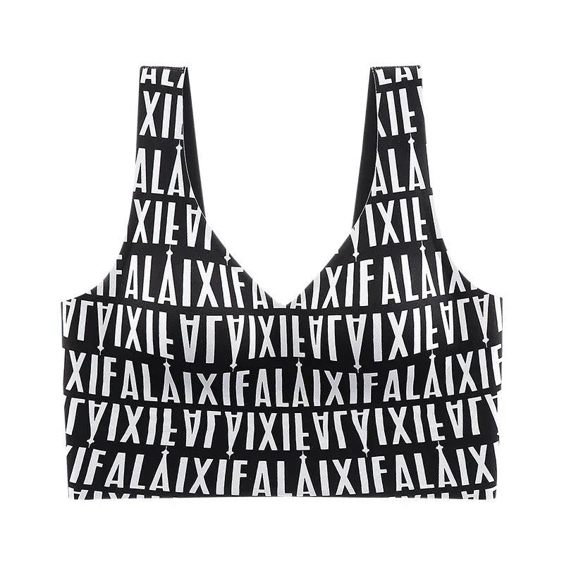 Black comfort bra with white repeating letter pattern, wide straps and V neckline