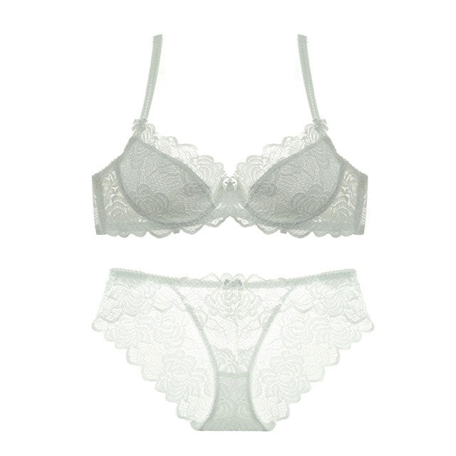 Sexy Bra Ultrathin Underwear Set Plus Size C D Cup Women Transparent Bra Sets Lace Embroidery Lingerie Gray Brassiere