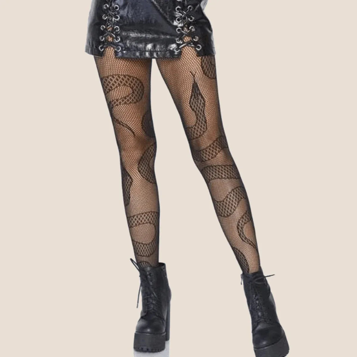 Black snake print mesh hollow-out stockings, detailed scale motifs along legs