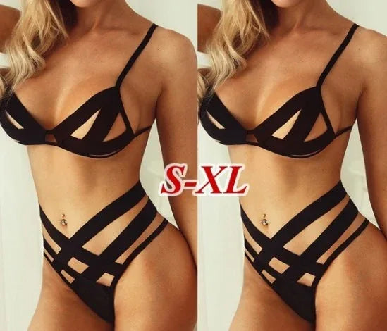 Black strappy lace bra and high-cut briefs, size S–XL