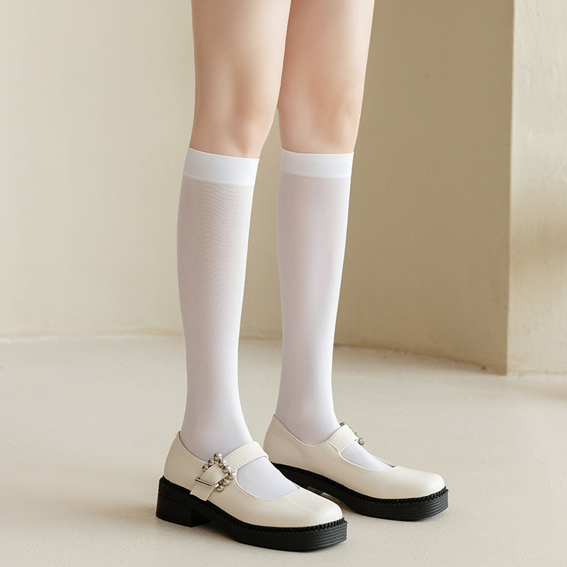 White Socks Women Spring And Summer Thin Calf Socks Mid-Tube Socks Transparent Half-Tube Over-The-Knee Stockings JK Stockings