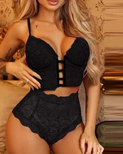 Schwarzes Spitzen-Lingerie-Set: BH mit Mittelband und tailliertem Spitzen-Slip