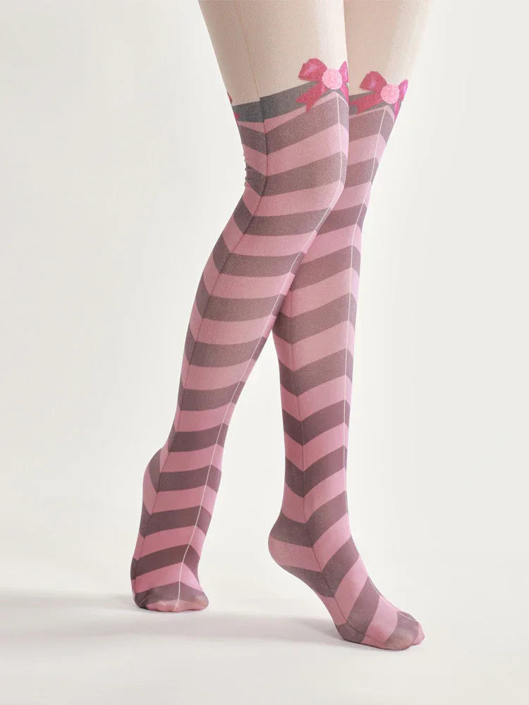 Rosa-lila Streifen-Strumpfhose mit Schleifenakzenten, transparenter Stoff