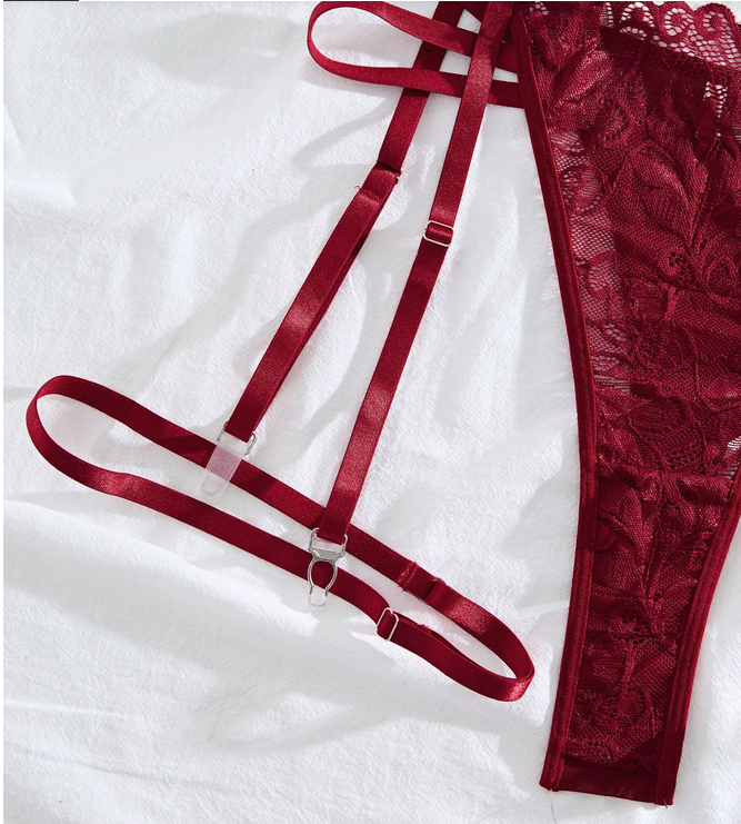 Plus size lace bra and brief set, purplish red lace with adjustable straps.