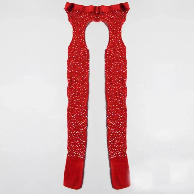 Red diamond fishnet mesh tights with rhinestone sparkle, centered front panel