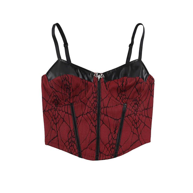 Leather-spliced sling vest, red corset with black straps, front zipper and web pattern