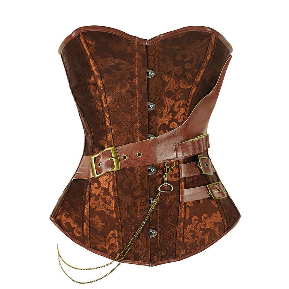 Brown waist corset front view with patterned fabric, belt straps, gold buckles, and chain