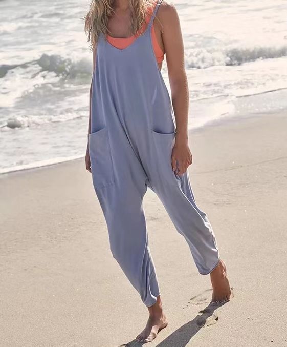 Summer Women's Loose Sleeveless Jumpsuits Spaghetti Strap Long Pant Romper Jumpsuit With Pockets Zip