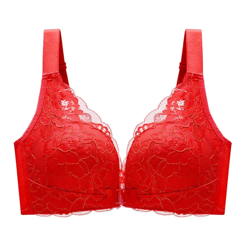Red lace front-closure bra with adjustable straps and center clasp detail