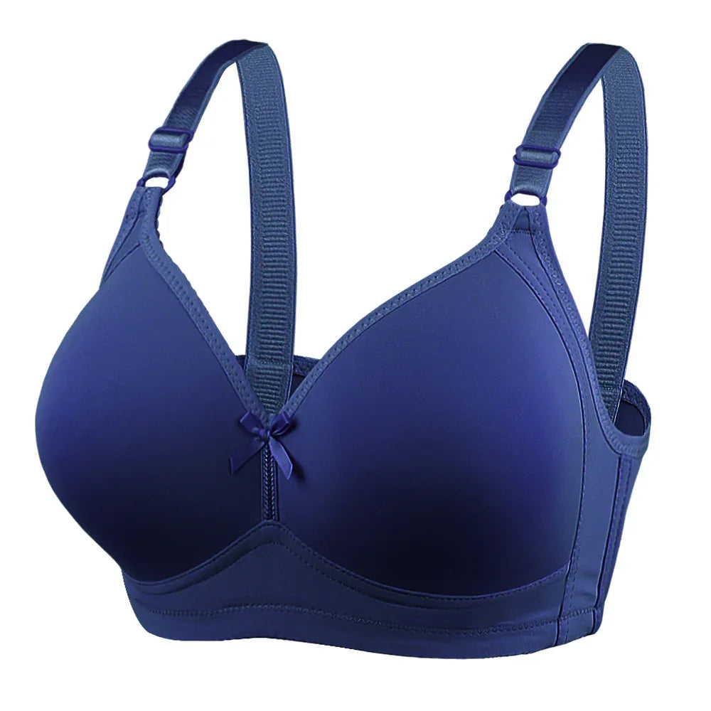 Thin rimless-cup bra, sapphire blue, smooth cups, adjustable straps and center bow