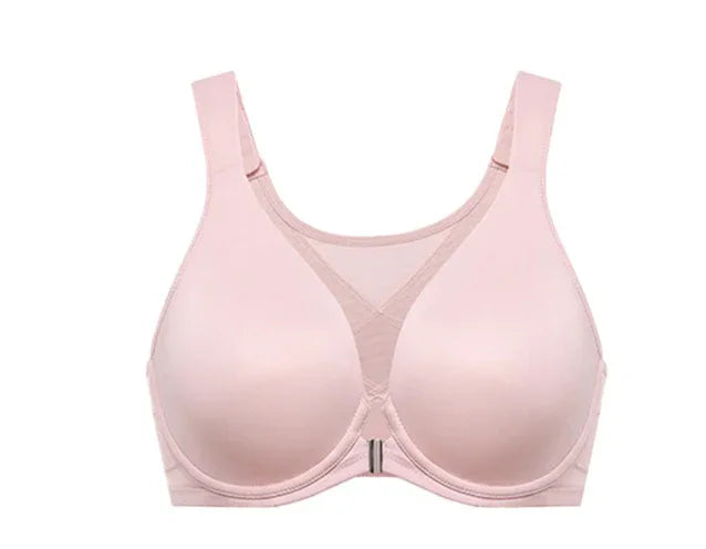 Nude pink ultra-thin seamless back-shaping bra, front view with center clasp