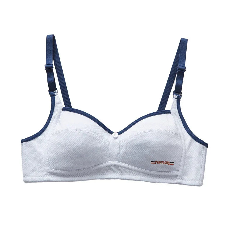 Blue wire-free breathable sports bra with adjustable straps and curved underband