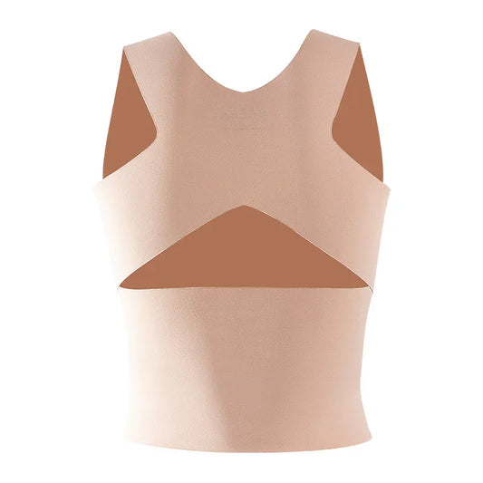 Beige tummy tuck body shaper, sleeveless scoop neck with shaped support panels