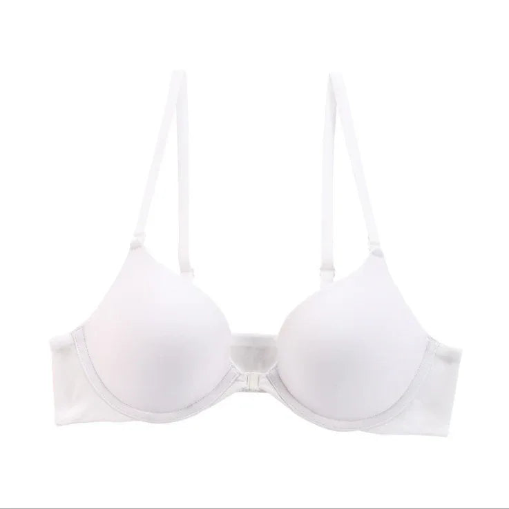 White front-button push-up bra with underwire, molded cups and adjustable straps