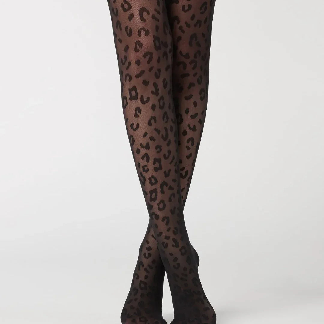 Leopard-Vintage Jacquard- Strumpfhose im Schrittbereich, durchgehendes Leopardenmuster