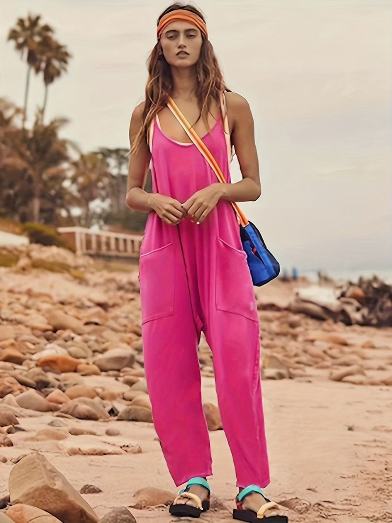 Summer Women's Loose Sleeveless Jumpsuits Spaghetti Strap Long Pant Romper Jumpsuit With Pockets Zip