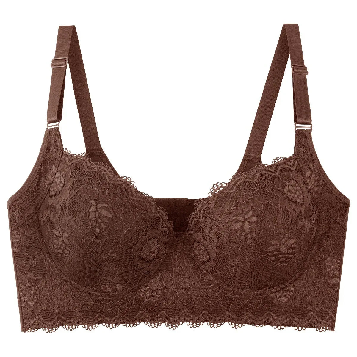 Reddish-brown lace push-up bra with underwire cups, adjustable straps, and lace hem