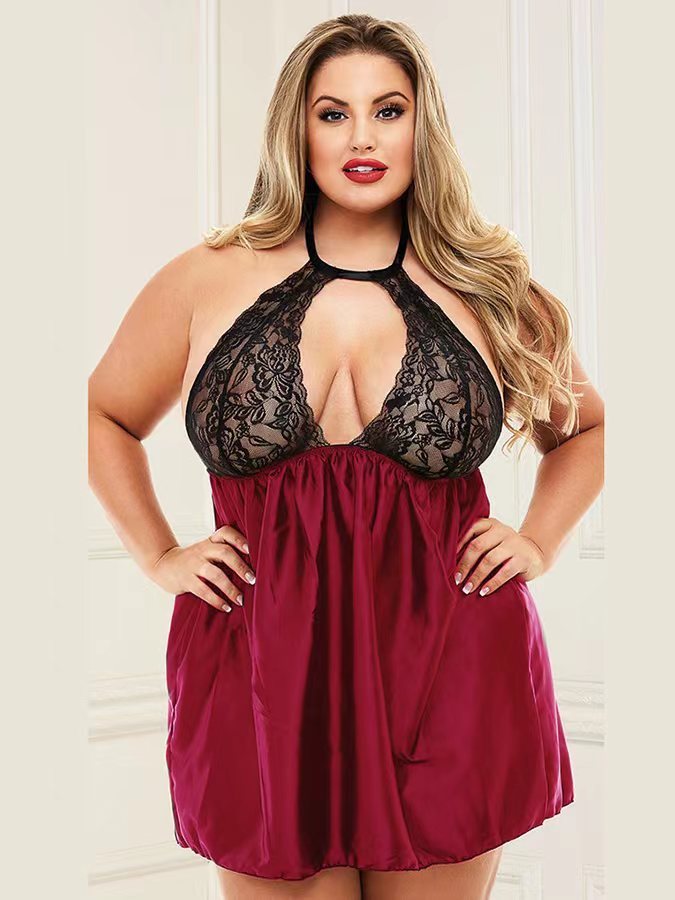 Plump Lingerie Sexy large Lady Lace Nightgown Sheer Cutout Home Pajamas