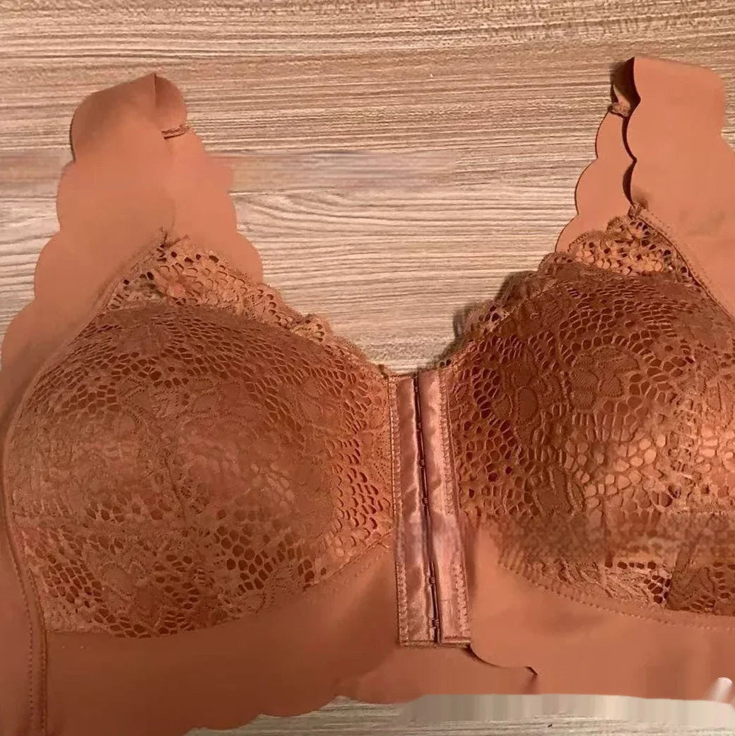 Apricot/tan lace front-buckle bra with gathered cups, breathable, no steel ring shown flat